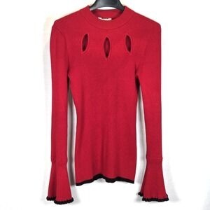 Candies Red Ribbed Sweater Women's Small  Y2K Bell Sleeve Juniors Chest Cut Outs
